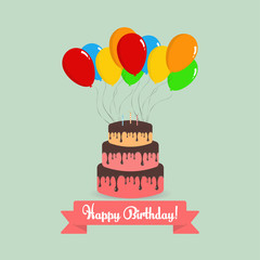 Happy Birthday! Cake with balloons and lettering 