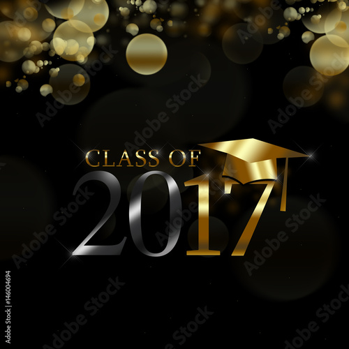 "Class of 2017 with graduation cap in gold on a black