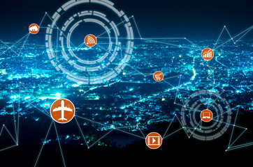 internet of things with line connection over night modern city background