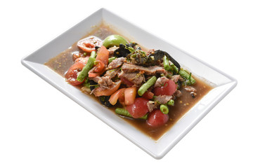 Long Bean Salad  with Grilled meat isolated.