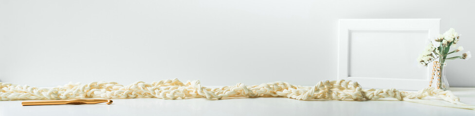 Header, banner for site design. Needlework, handmade. knitting and crocheting, yarn. Horizontal format, space for text