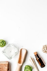 spa set with salt and soap on white background top view mockup