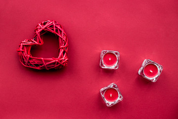 romantic dinner in red color with candles and heart top view mockup