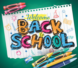 Back to School Doodle Written in a Piece of Paper with Colorful Crayons. Vector Illustration
