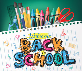 Back to School Colorful Text Drawn in a Piece of Paper with School Items. Vector Illustration
