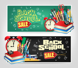 Back to School Sale Die cut Banners with Colorful School Elements. Vector Illustrator
