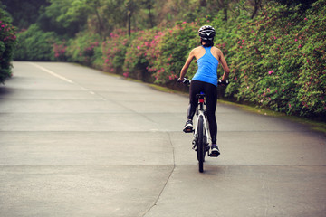 Obraz premium cyclist cycling mountain bike on foggy forest trail