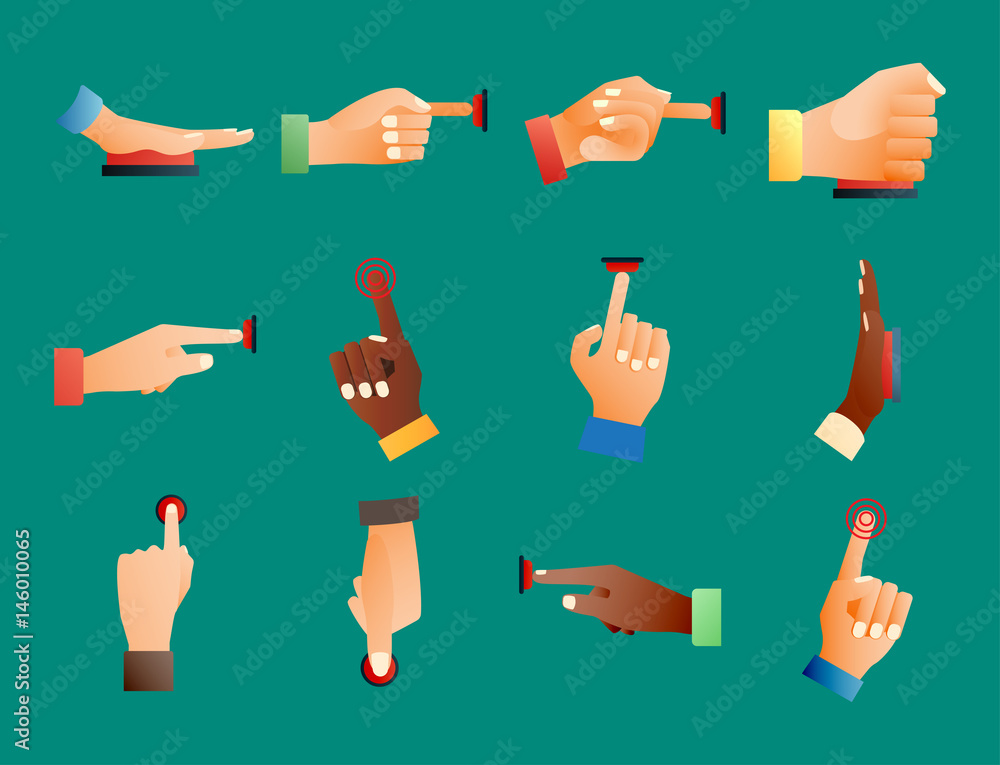 Aufkleber hand press red button finger press control push pointer gesture human body part vector illustration.