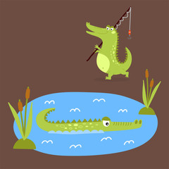 Obraz na płótnie Canvas Cartoon green crocodile funny predator australian wildlife river reptile alligator flat vector illustration.