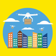 Fototapeta na wymiar Air drones carrying cardboard box in blue sky with cloud over city .Vector illustrator concept of futuristic delivery drone.
