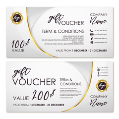 Gift voucher set in white and black with golden ribbon, halftone minimalist pattern, shadows. Card template, banner or coupon design, elegant concept, certificate background. Vector illustration.