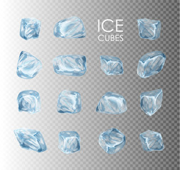 Ice cubes, realistic set, 3d vector illustration. Blue Ice collection, isolated, refresh, white, background.
