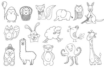 Hand drawn animals in cartoon style.