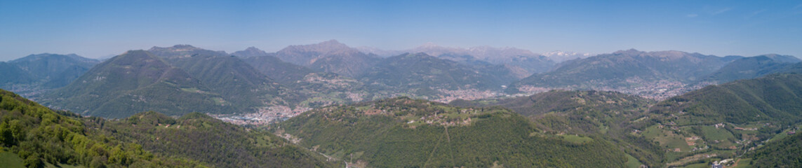 Wonderful aerial landscape on Orobie Alps, Valle Gandino and Valle Seriana from Altino place. Albino, Bergamo, Italy. Photo taken with drone