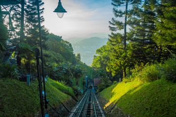 Beautiful view from railroad going to Penang Hill, a hill resort comprising a group of peaks on Penang Island. - obrazy, fototapety, plakaty