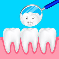 Cute cartoon teeth smile to you in the mirror. Dental care concept, illustration.