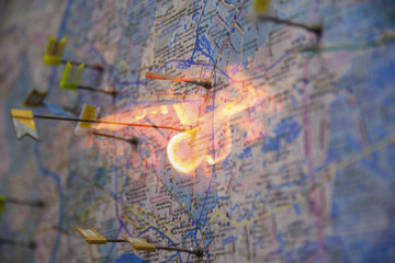 Map with pushpin on fire location.