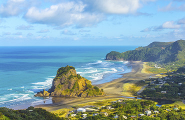 Look Out to Lion Rock Piha Beach Auckland New Zealand - obrazy, fototapety, plakaty