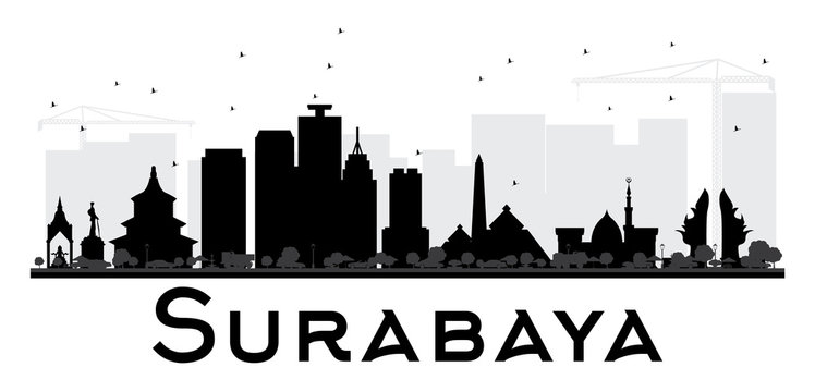 Surabaya City skyline black and white silhouette.