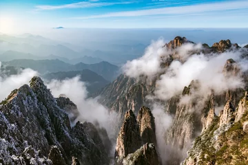 Peel and stick wall murals Huangshan Sunrise above the peaks of Huangshan National park.
