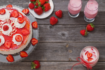 dessert with strawberries on wooden table