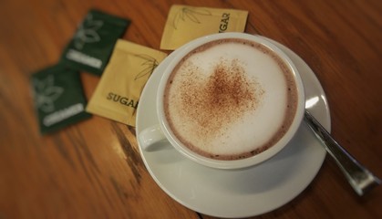 A glass of hot cocoa in the cafe.