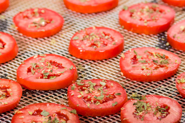 Slices of tomatoes on drying rack