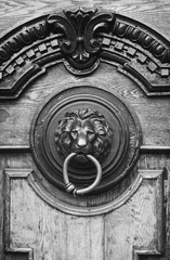 An ancient door handle with metal lion head in Tbilisi, Georgia
