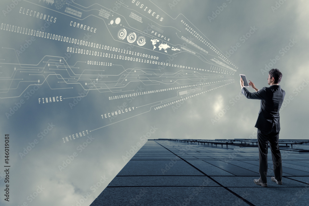 Poster young businessman using smart phone and digital information concept. internet of things. digital tra