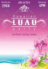 Evening beach sea flyer, hawaiian luau party. Watercolor hibiscus flower vector illustration. Aloha Hawaii design, summer holidays vacation banner. Vacation poster. Tropical island travel logo icon