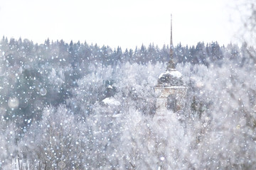 Wooden churches and houses in winter