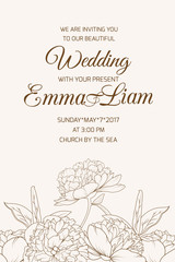 Wedding marriage event celebration invitation. RSVP template portrait orientation card. Peony rose flowers garland foliage bouquet detailed drawing. Brown outline sketch on sepia beige background.