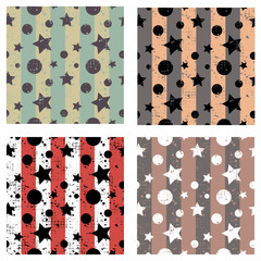 Set of vector seamless patterns Creative geometric backgrounds with stars, drops, blots. Texture with attrition, cracks and ambrosia. Old style vintage design. Graphic illustration.