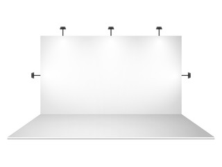Blank white trade show booth with lighting
