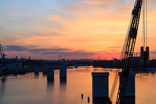Ukraine, Kiev -  May 23, 2015: View from the Rybalskii Vantovyy  Bridge on the Dneper River