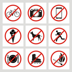 set of prohibition signs at the entrance to the store or shop. Not allowed icons: no dogs, no ice cream, no smoking, no skates, no bike, no photo, no fire, no smartphone, no eat, no run