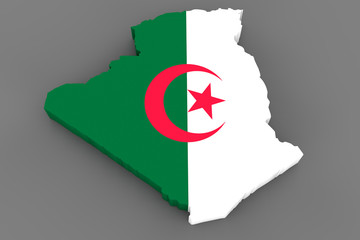 Country shape of Algeria - 3D render of country borders filled with colors of Algeria flag isolated on grey background