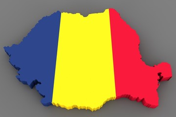 Obraz premium Country shape of Romania - 3D render of country borders filled with colors of Romania flag isolated on grey background