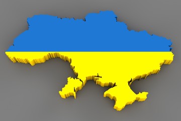 Country shape of Ukraine - 3D render of country borders filled with colors of Ukraine flag isolated on grey background