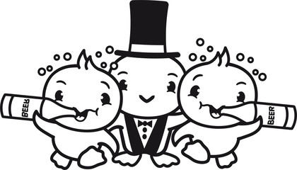 saufen freunde party bier betrunken alkohol team bräutigam ehemann heiraten hochzeit junggesellenabschied feiern verlobt anzug küken süß niedlich klein baby kind ente vogel comic cartoon