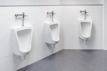 White ceramic urinals for men with manual flush valve control. They are in a public toilet.