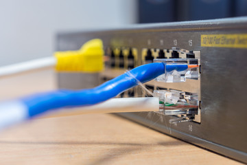 Closeup of LAN cable with RJ45 connector plugged into fast ethernet interface port of Switch. They are standard networking equipment.