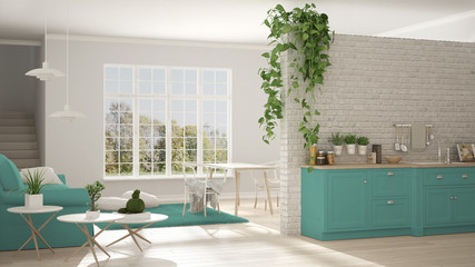Scandinavian white and turquoise minimalist living with kitchen, open space, one room apartment, classic interior design