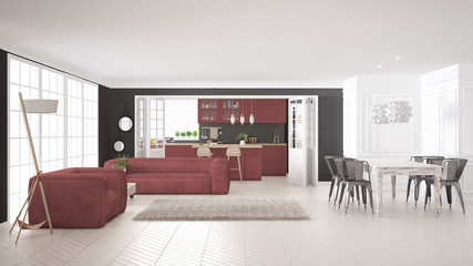 Minimalist white and red living and kitchen, scandinavian classic interior design