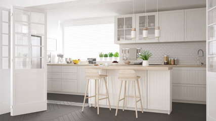 Scandinavian classic kitchen with wooden and white details, minimalistic interior design