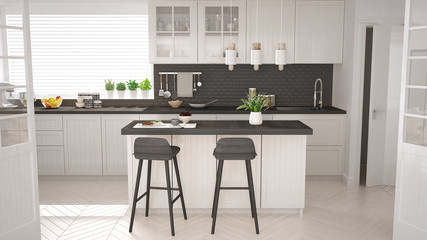 Scandinavian classic kitchen with wooden and white details, minimalistic interior design