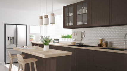 Fototapeta na wymiar Scandinavian classic kitchen with wooden and brown details, minimalistic interior design