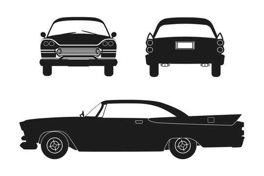 Silhouette of retro car. Vintage cabriolet. Front, side and back view.