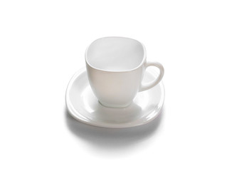 Empty cup with saucer on a white background Isolated, closeup