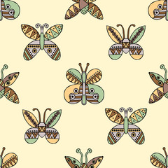 Vector hand drawn seamless pattern, decorative stylized childish butterflies. Doodle style, tribal graphic illustration Cute hand drawing in vintage colors. Series of doodle, cartoon, illustrations